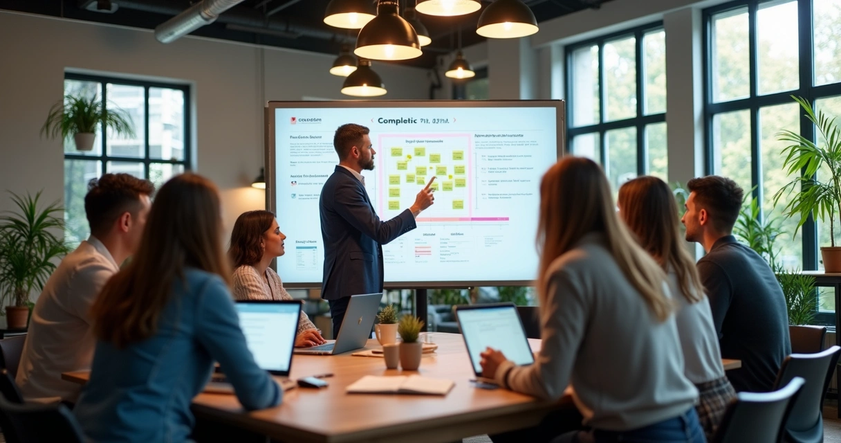 Equipe startup reunida em sala moderna, discutindo ideias no quadro 