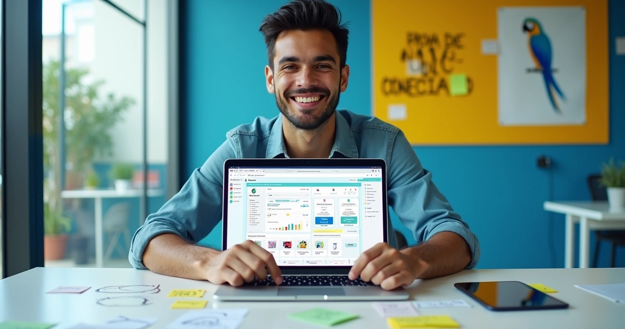 Fundador de startup planejando prova de conceito em aplicativo no-code no laptop 