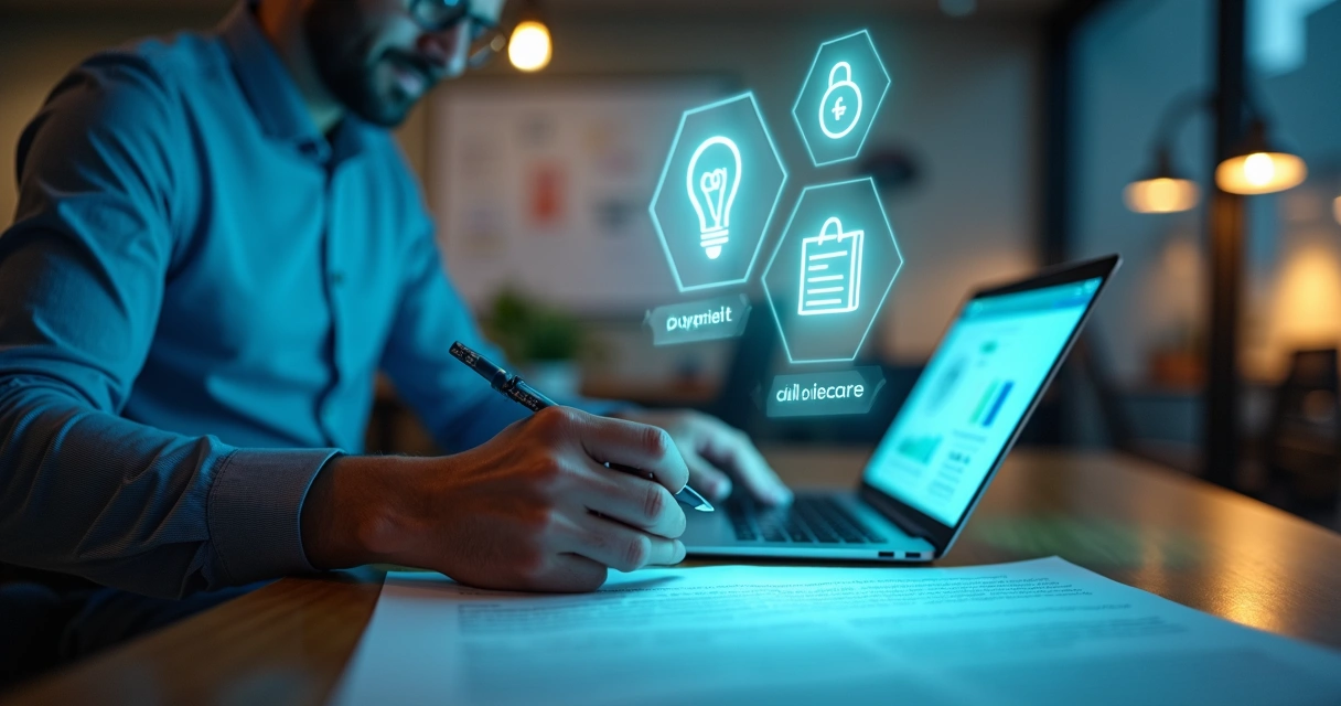 Fundador de startup de tecnologia analisando documentos de propriedade intelectual diante de painel digital de ícones jurídicos 