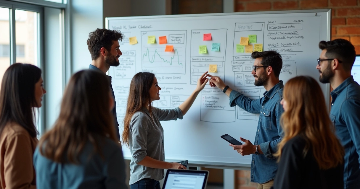 Developers and testers discussing app requirements in front of whiteboard 