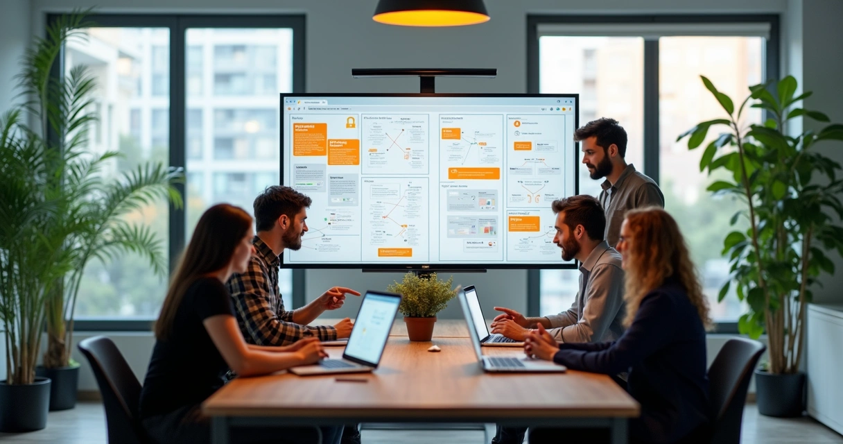 Team collaborating on rapid MVP development with digital whiteboard and laptop screens showing app wireframes and flowcharts 