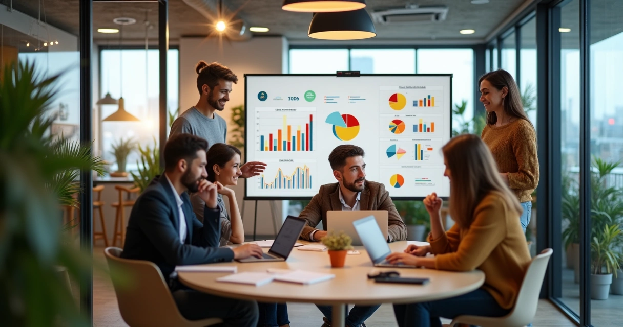 Equipe de startup trabalhando em laptops, quadro branco com gráficos ao fundo