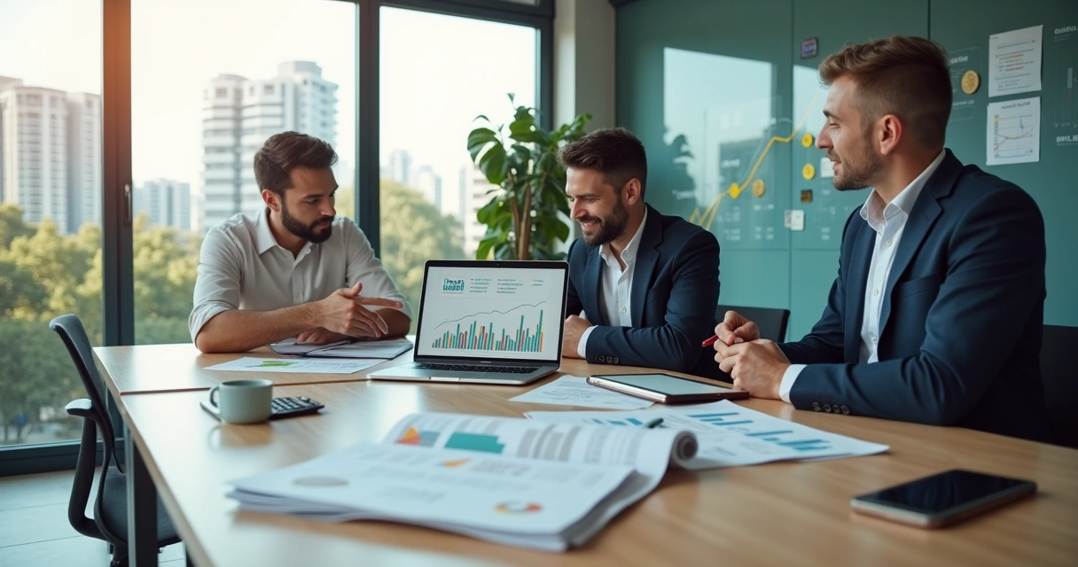 Empresários analisando gráficos fiscais em escritório moderno de startup 