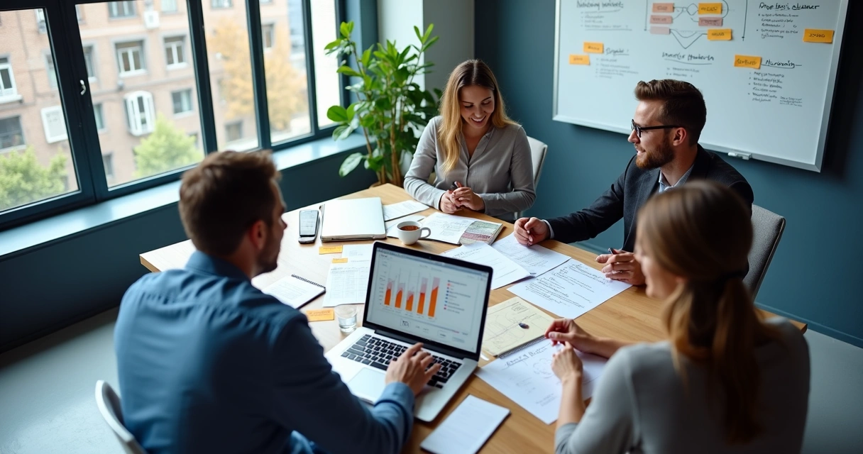 Founder reviewing startup research notes and market charts with a team