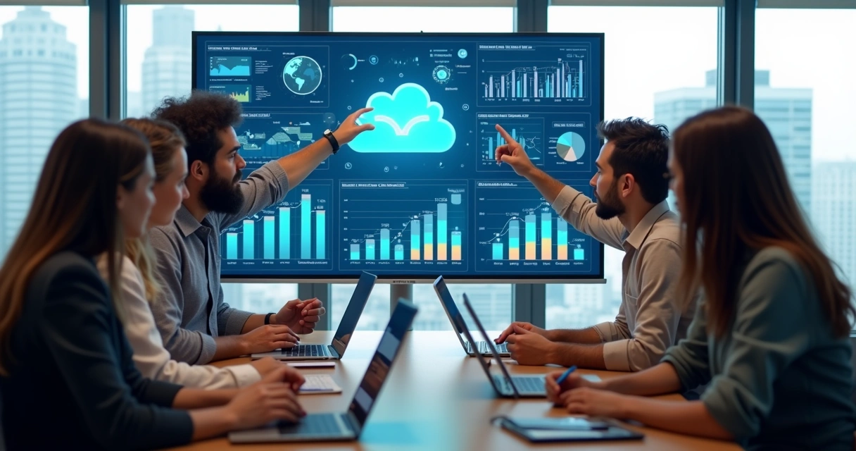 Equipe de startup analisando gráficos em tela grande, discutindo crescimento baseado em dados centralizados 