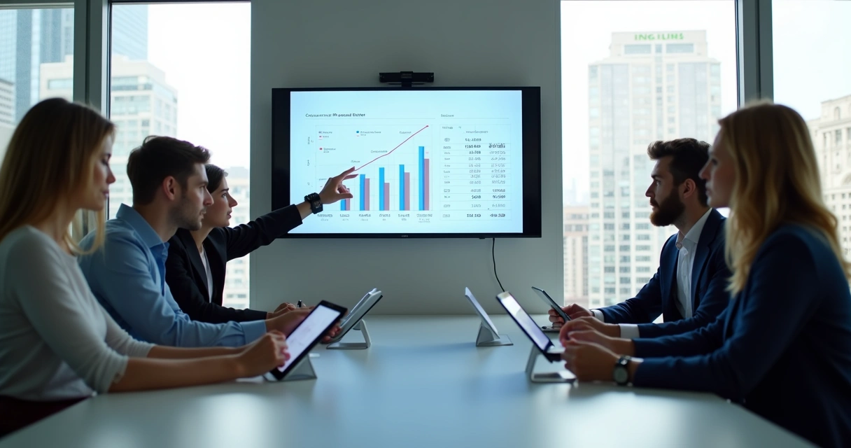 Equipe de startup em reunião revisando fluxo de caixa com tablets e lousa digital 