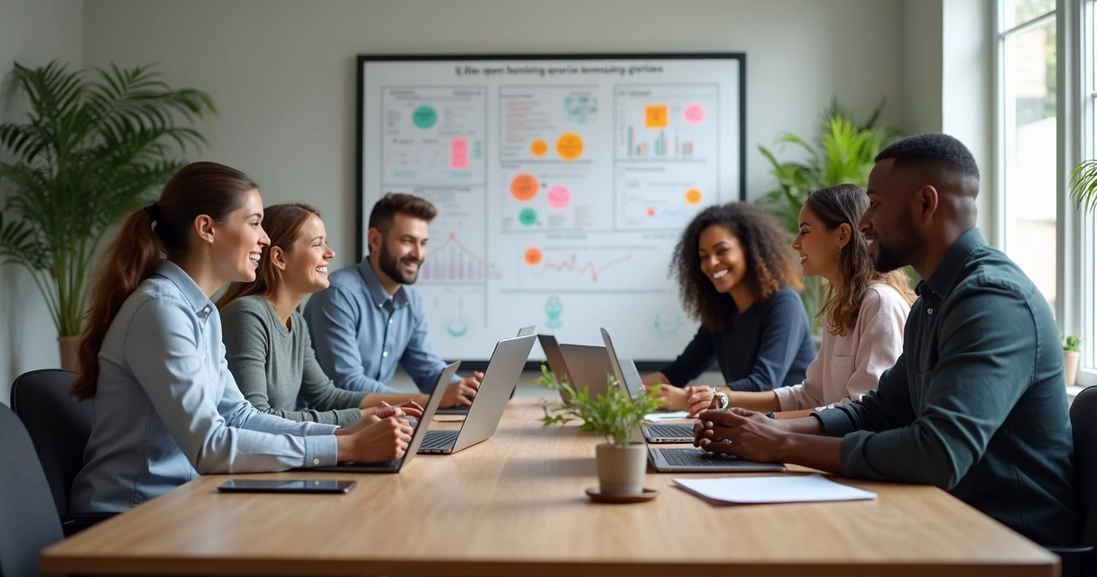 Equipe de startup discutindo ideias inovadoras de tecnologia ao redor de uma mesa 