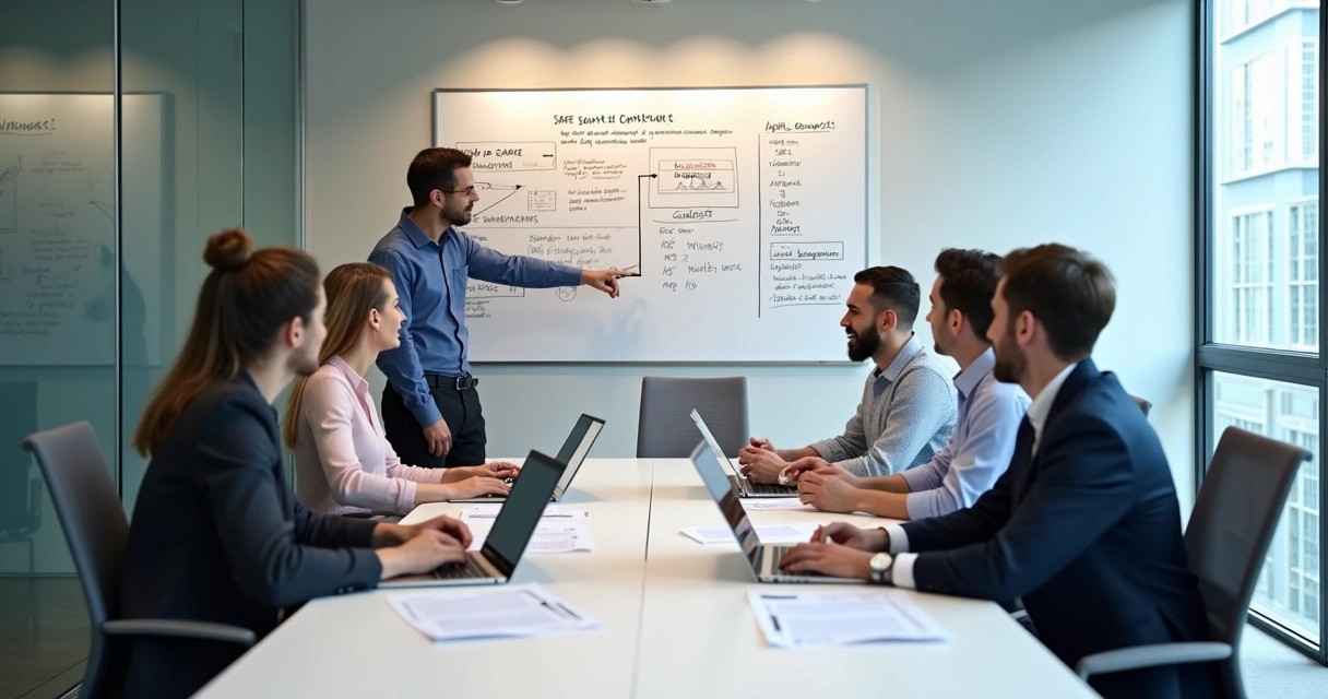 Reunião de startup com investidores e quadro branco ao fundo 