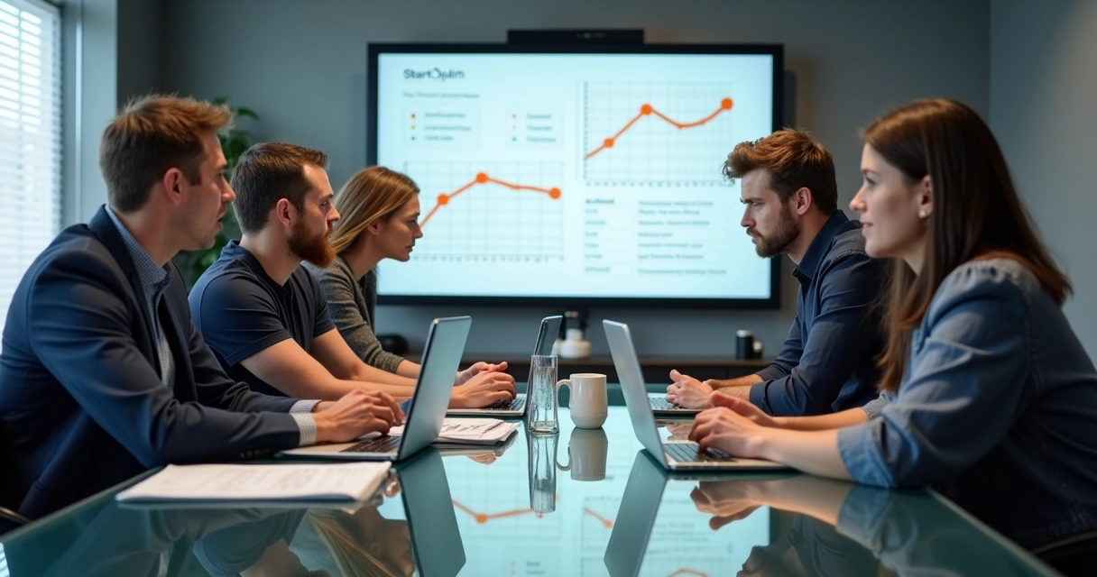 Fundadores de startup em reunião com potenciais investidores num ambiente moderno 