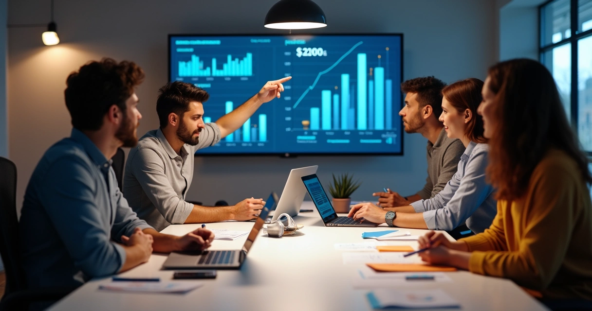 Equipe em reunião para planejamento de marketing 