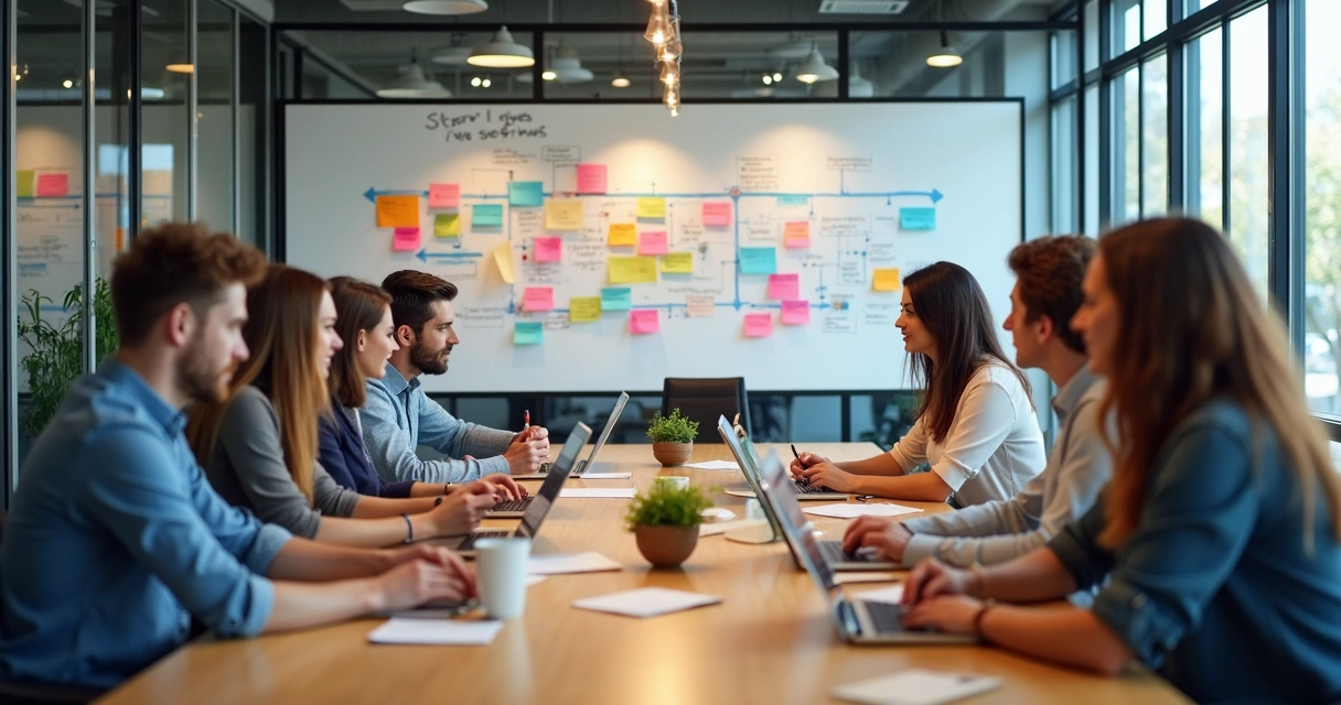 Equipe de startup planejando desenvolvimento do MVP em reunião 