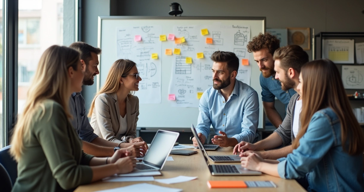 Time de startup reunido em sala de reuniões, debatendo estratégias no quadro branco 