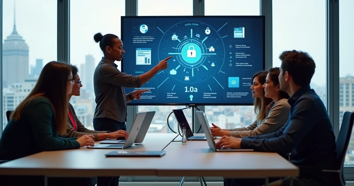 Equipe de startup discutindo privacidade em sala de reunião 