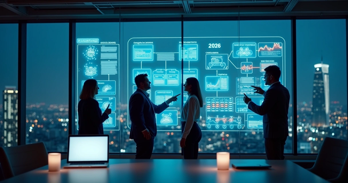 Equipe de startup organiza painéis digitais com rotina fiscal de 2026 