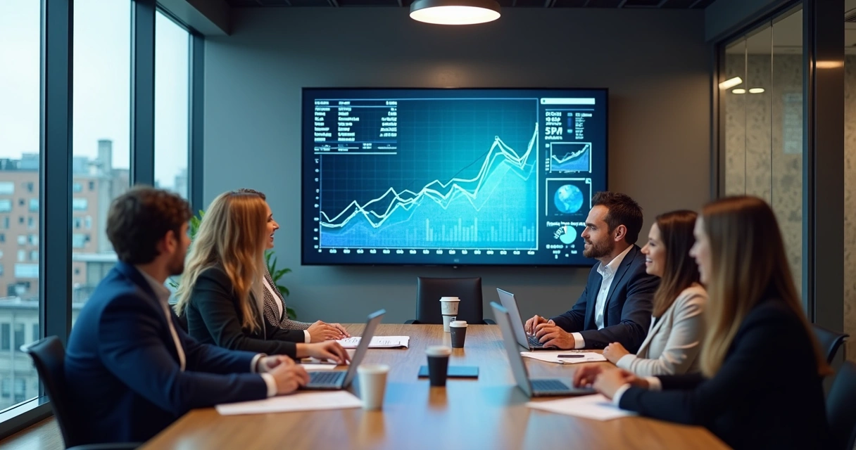 Reunião de equipe SaaS analisando crescimento em painéis digitais 