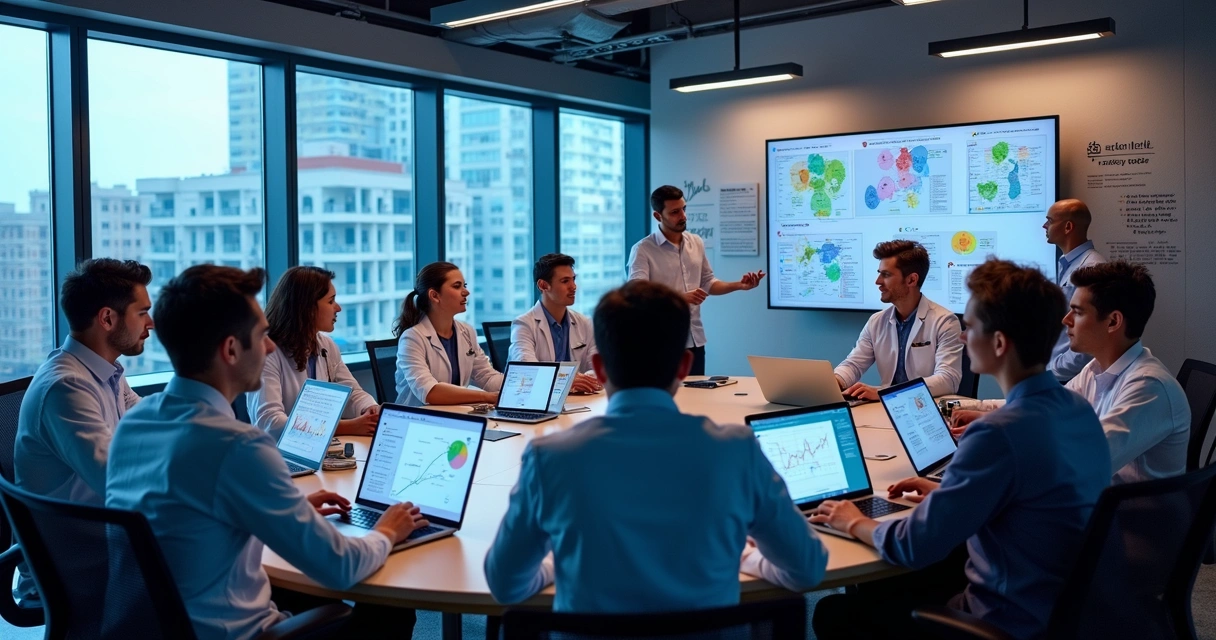 Equipe multidisciplinar em sala de reunião elétrica de healthtech 