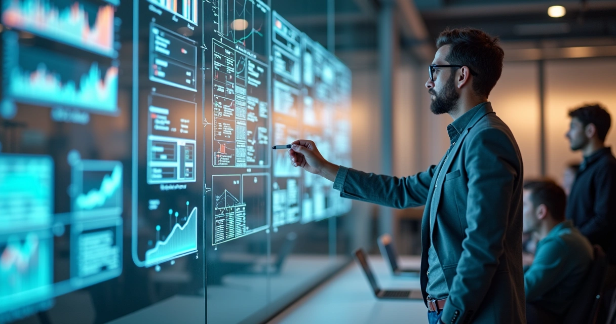 Software engineer diagramming cloud scalability on a glass wall