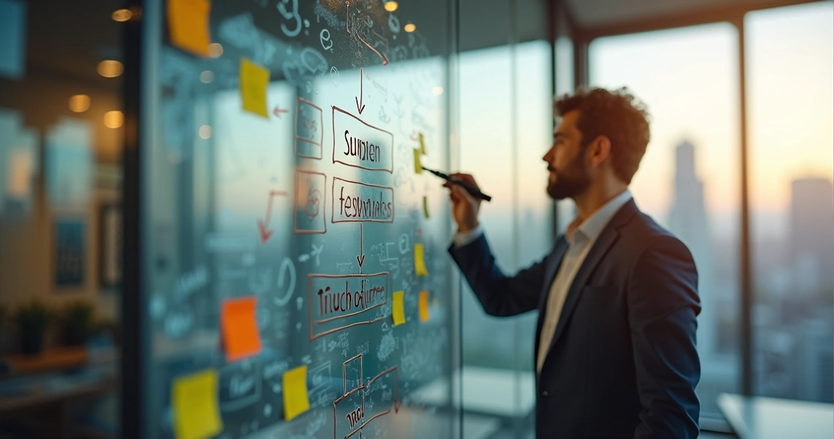 Startup founder drawing scalable tech plan on window 