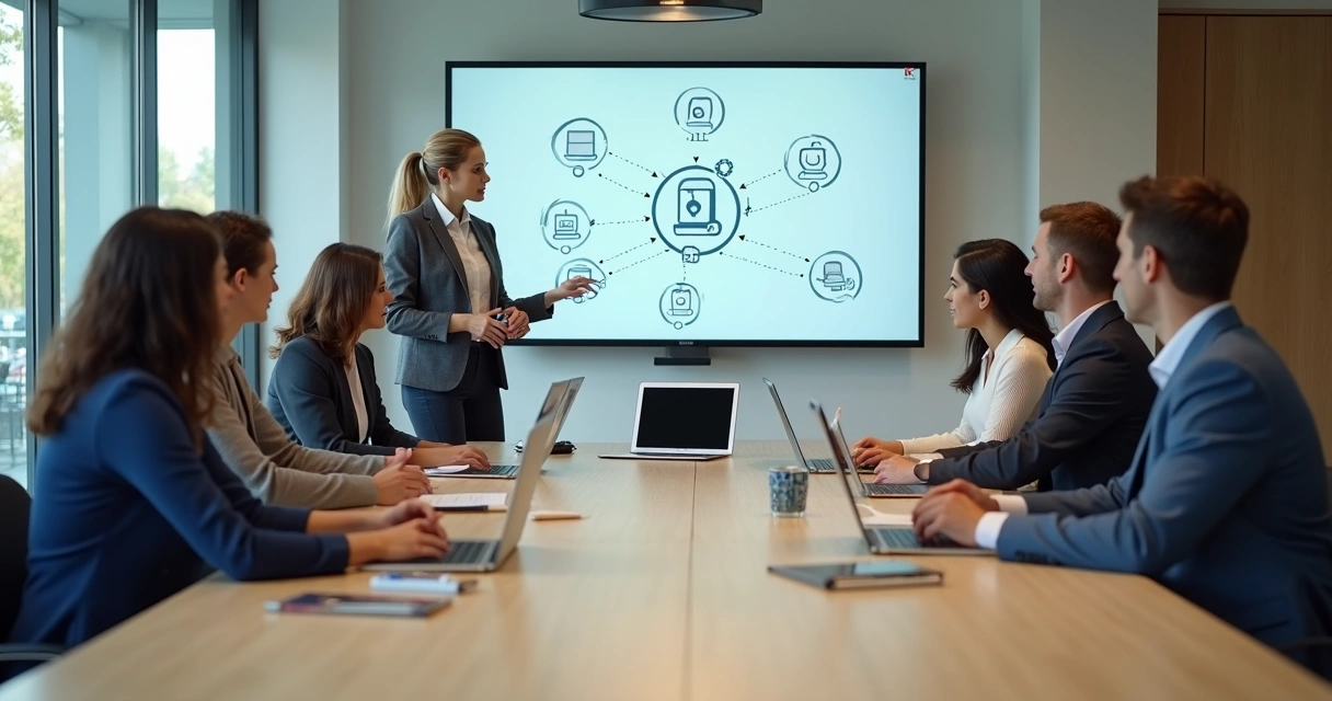 Startup team at conference table during cybersecurity training 
