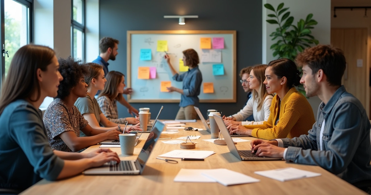 Startup team brainstorming with sticky notes 