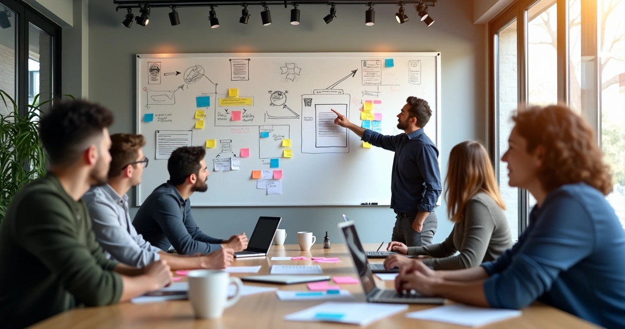 Startup founders and developers discussing ideas around a whiteboard with sticky notes 