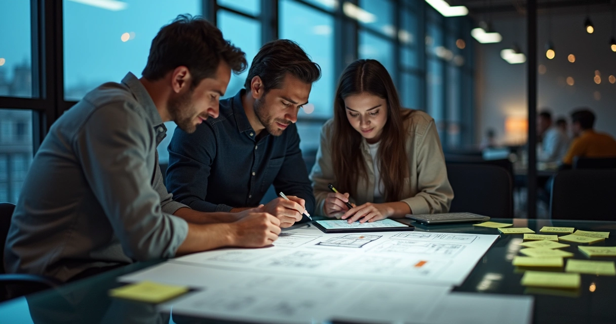 Team brainstorming MVP app design on a tablet 