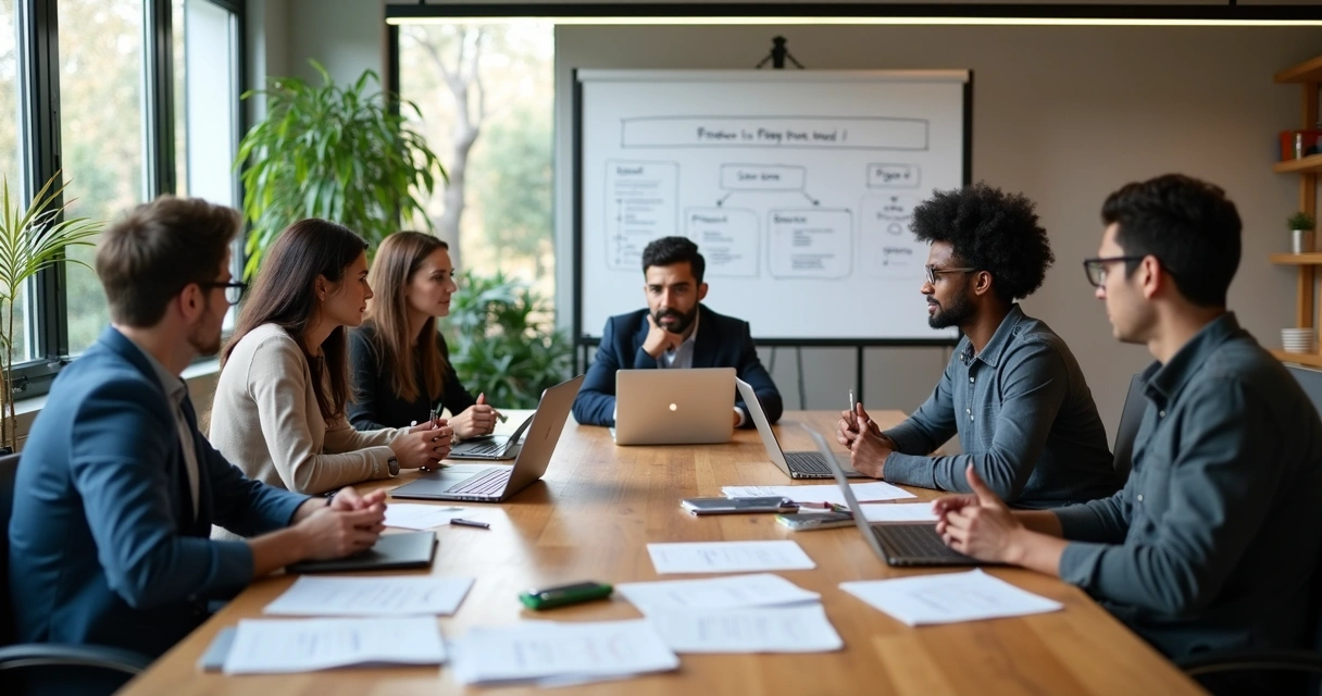 Startup team sitting around a table discussing software options 