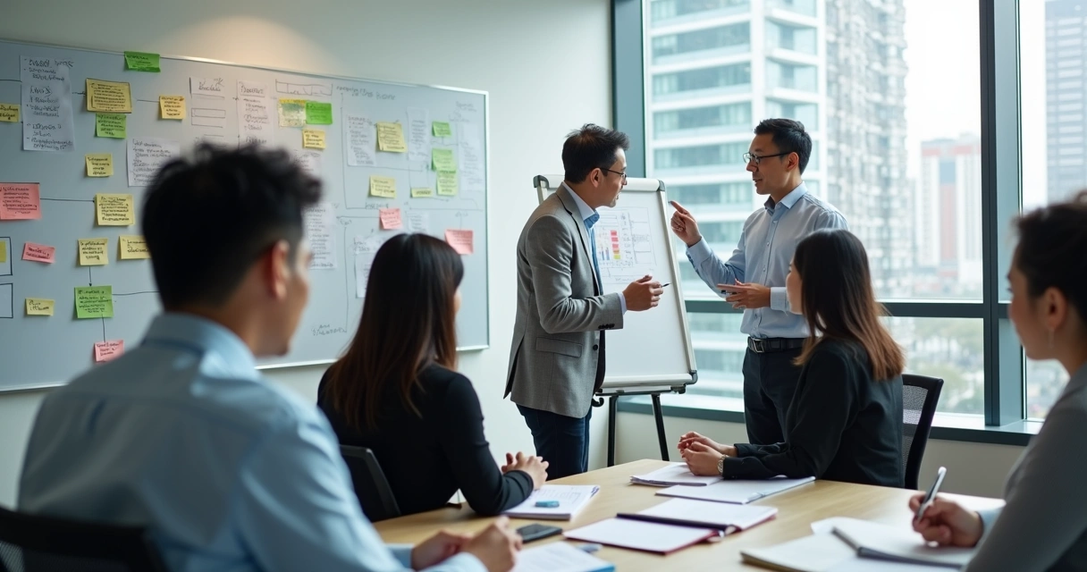 Multinational team brainstorming in China office 