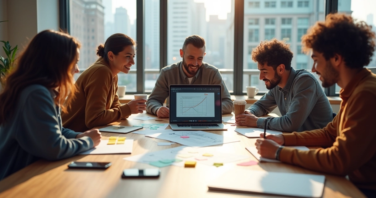 Startup team collaborating on custom MVP development around a laptop with sketches and notes 