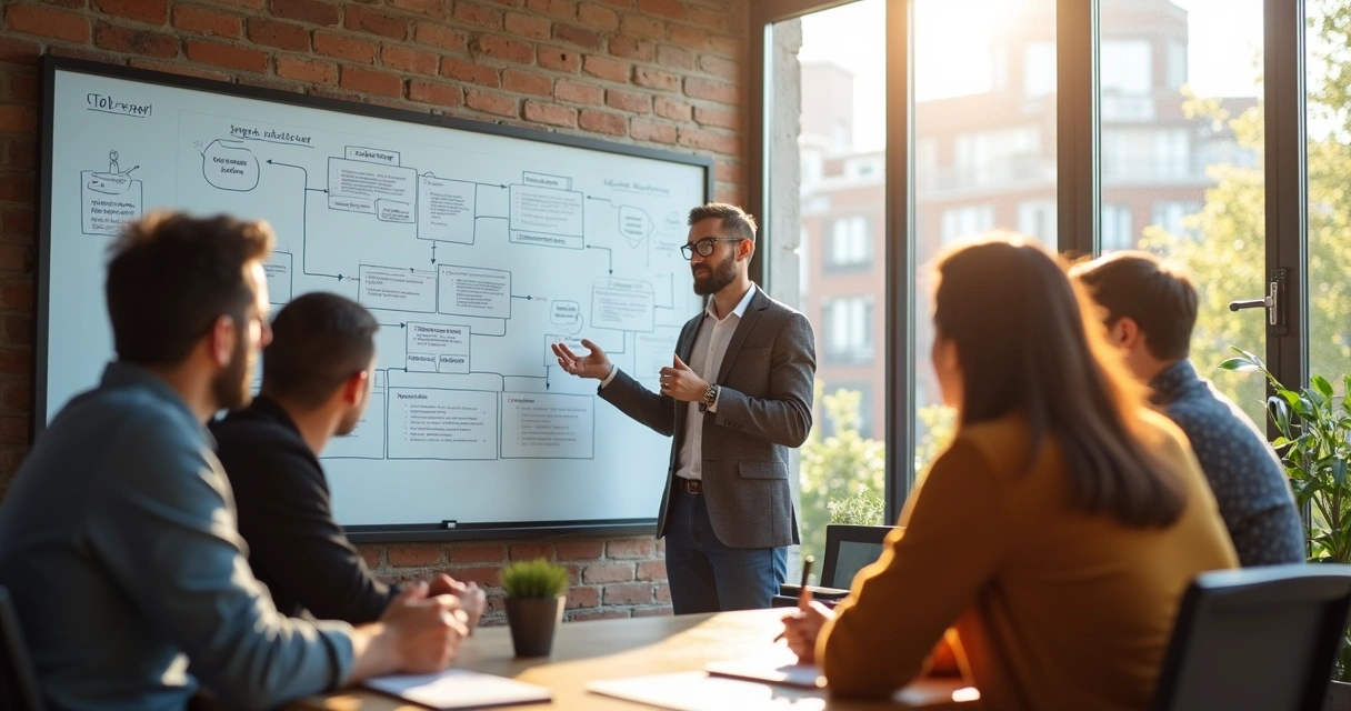 Startup CTO leads a discussion with team around a whiteboard displaying a technical architecture diagram. 