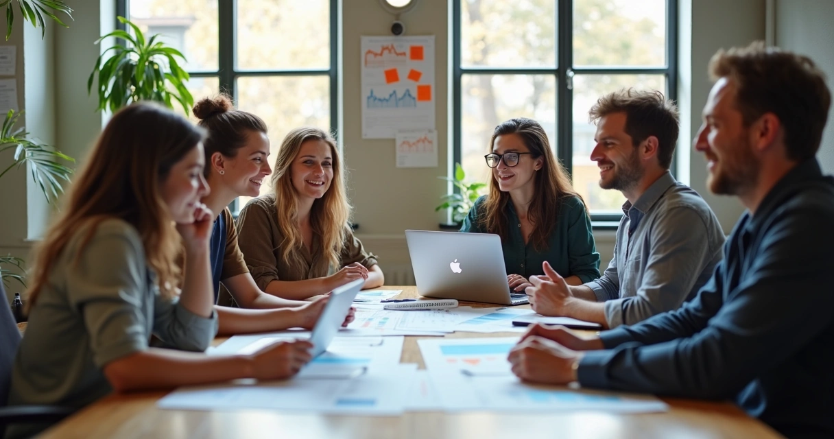 Time de startup analisando métricas em reunião 