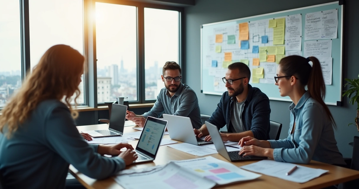 Startup team collaborating on quality assurance process at a modern office desk 