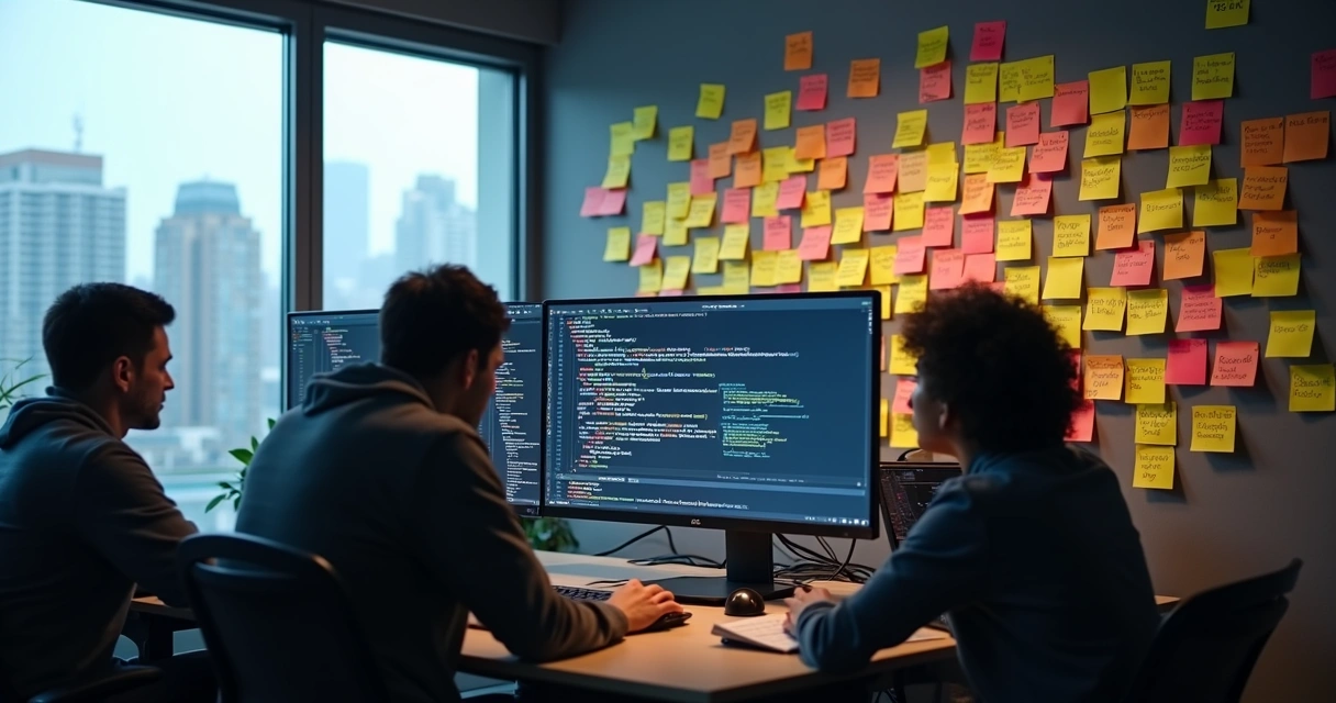 Developers reviewing app code with growing task list shown as sticky notes 