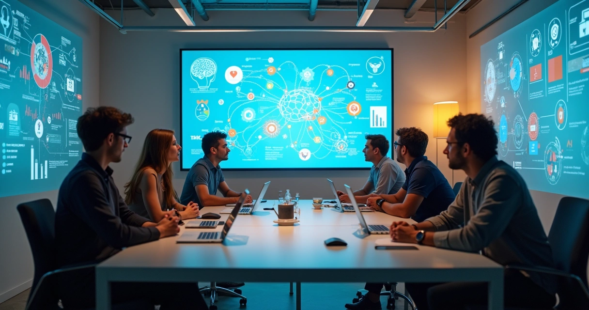 Equipe de startup brasileira em reunião analisando gráficos e IA na tela 