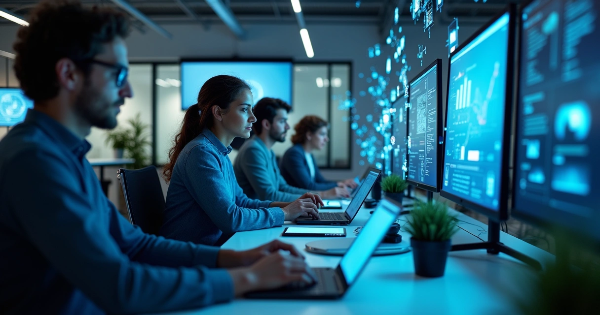 Engenheiros trabalham juntos desenvolvendo tecnologia digital 