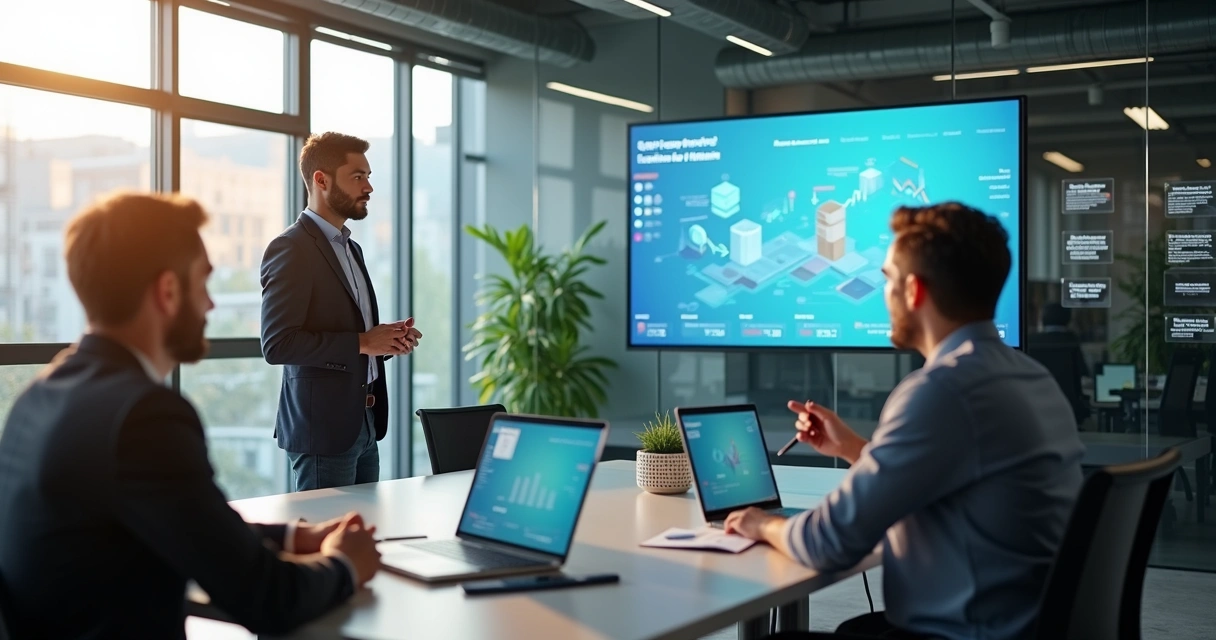 Empreendedor faz apresentação a investidores em ambiente moderno de startup