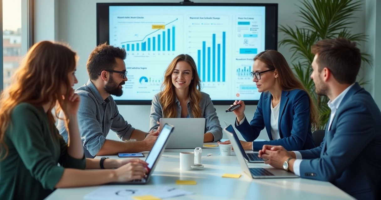 Equipe de startup de tecnologia em saúde discutindo ideias com tablets e gráficos 