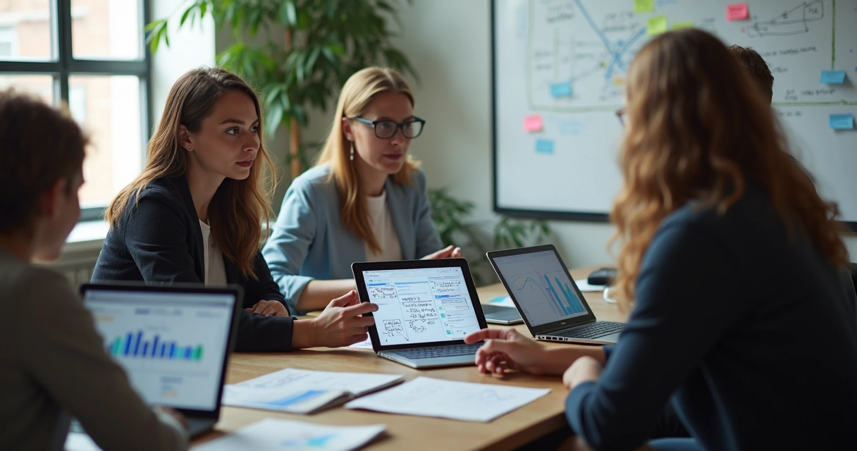 Equipe analisando um protótipo mínimo viável em reunião 
