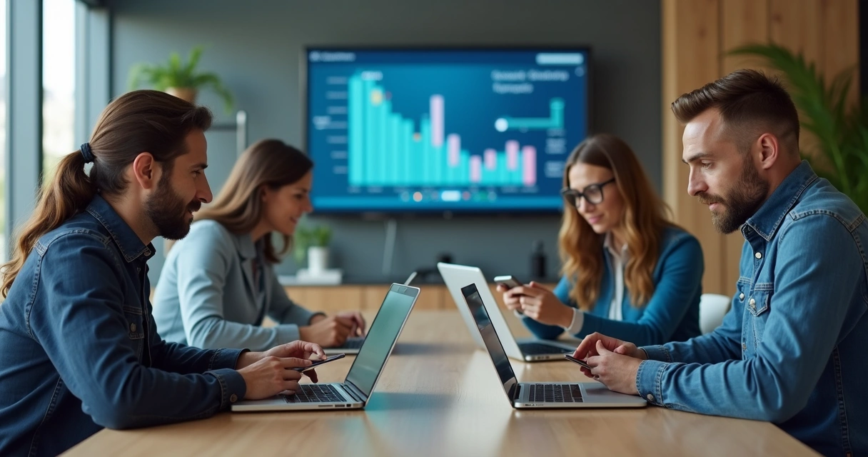 Equipe de uma startup testando aplicativo em sala moderna 