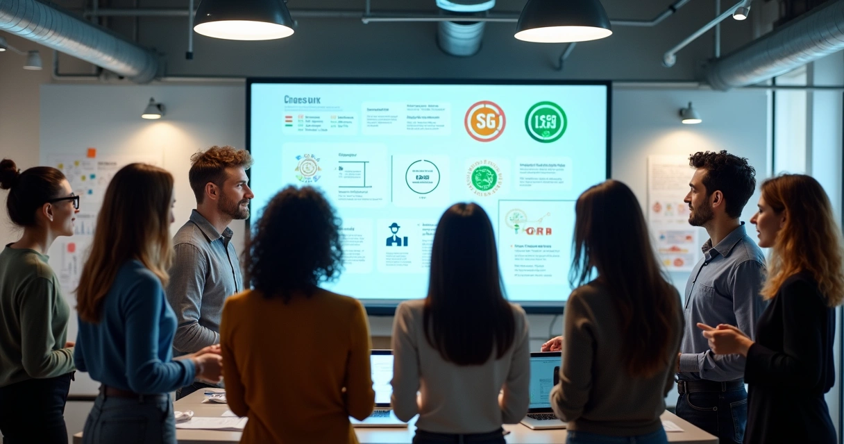 Equipe de startup reunida em torno de uma tela exibindo um checklist ESG