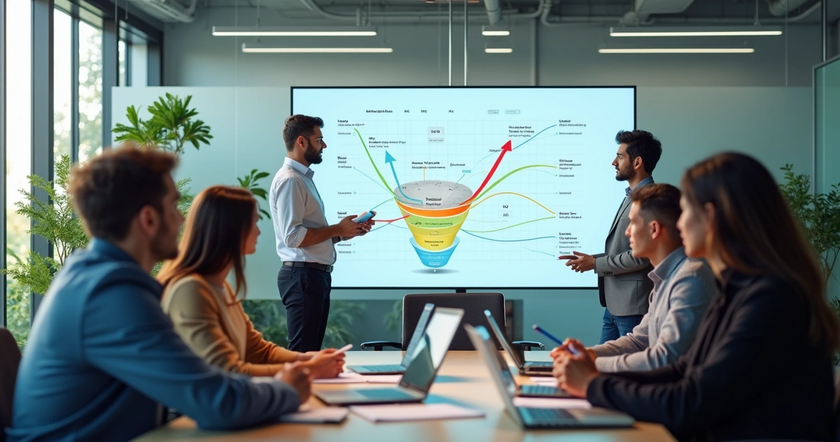 Equipe de startup observando funil de vendas automatizado em sala moderna 