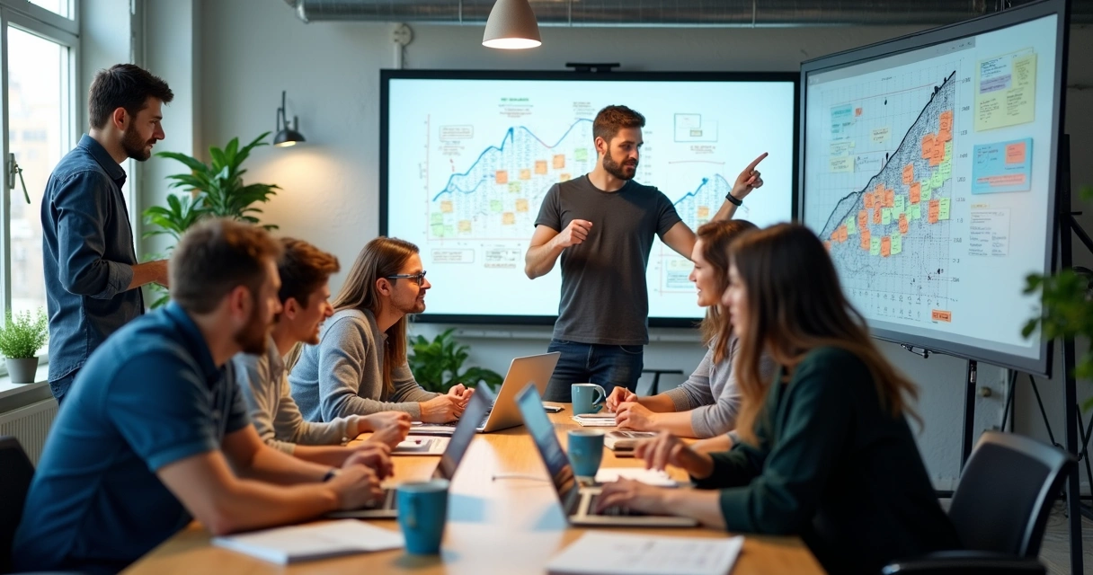 Equipe de startup tech trabalhando em projeto colaborativo em sala moderna