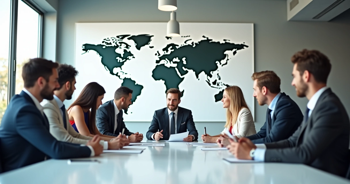 Executivos discutindo documentos legais em ambiente moderno de startup, mapa mundi ao fundo. 