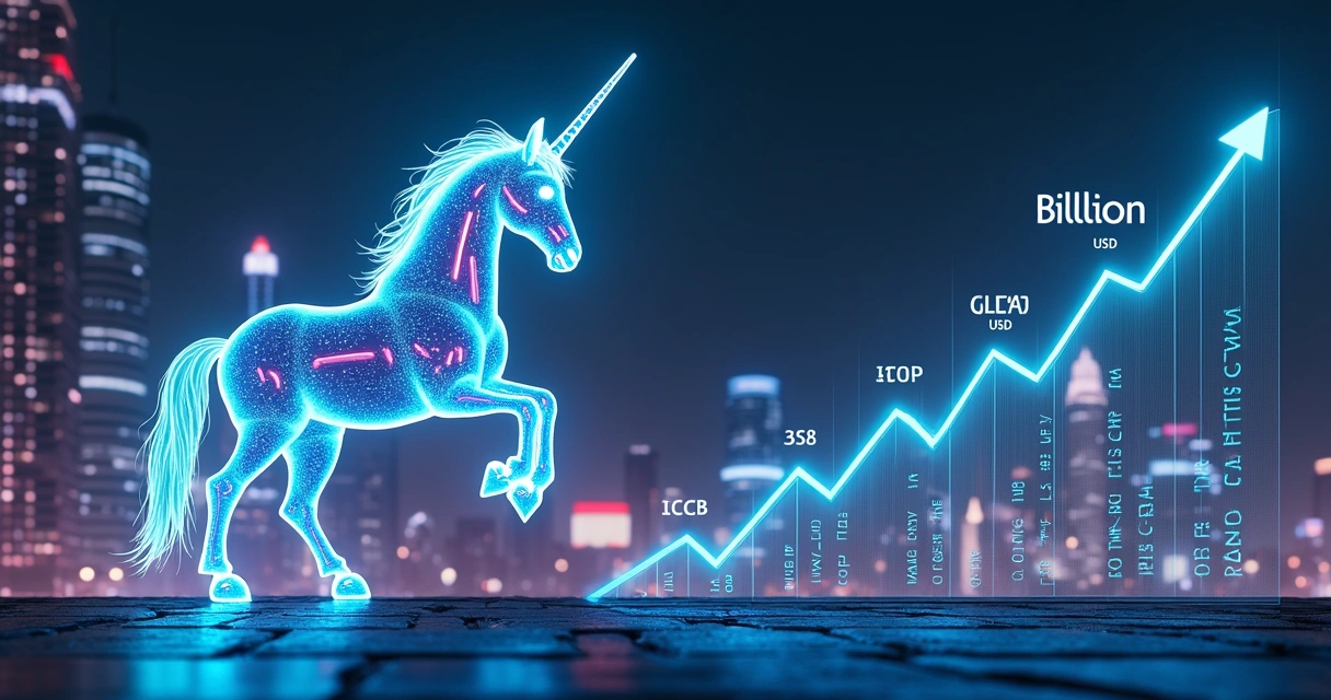 Startup unicórnio brilhante sobre gráfico financeiro subindo 