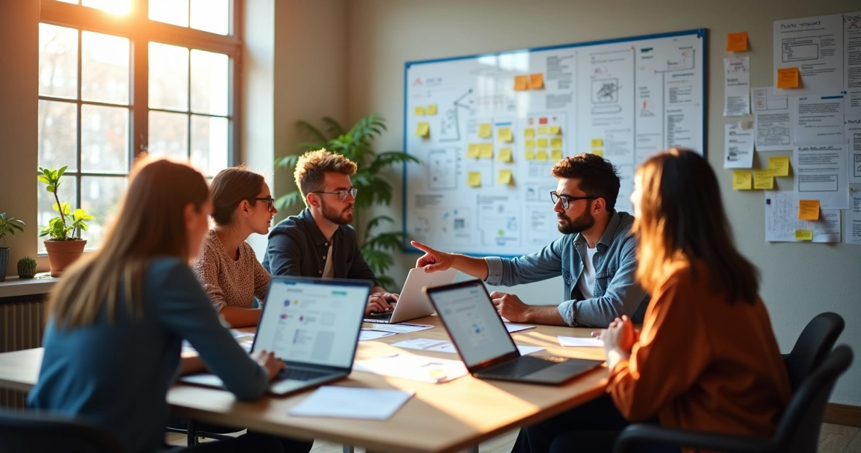 Team of developers and designers collaborating around a table with sketches and laptops 