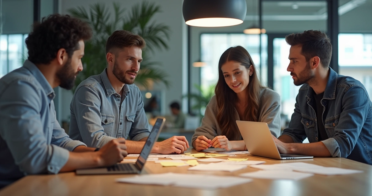 Equipe de startup discutindo durante experimento de validação