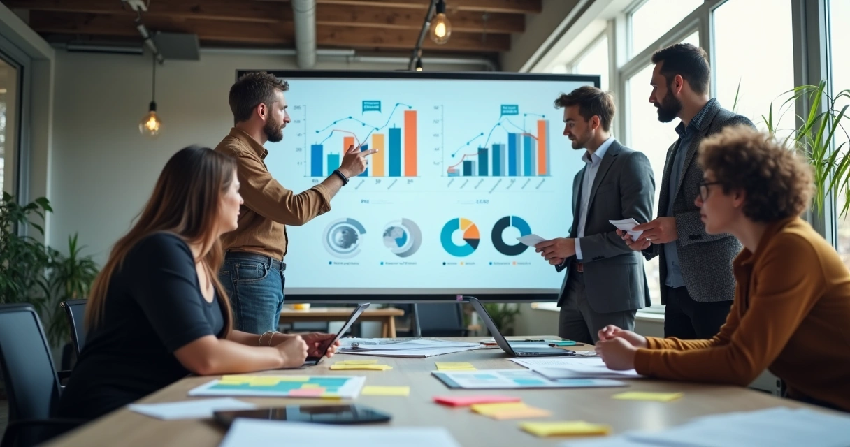 Equipe de startup analisando dados em uma lousa digital 