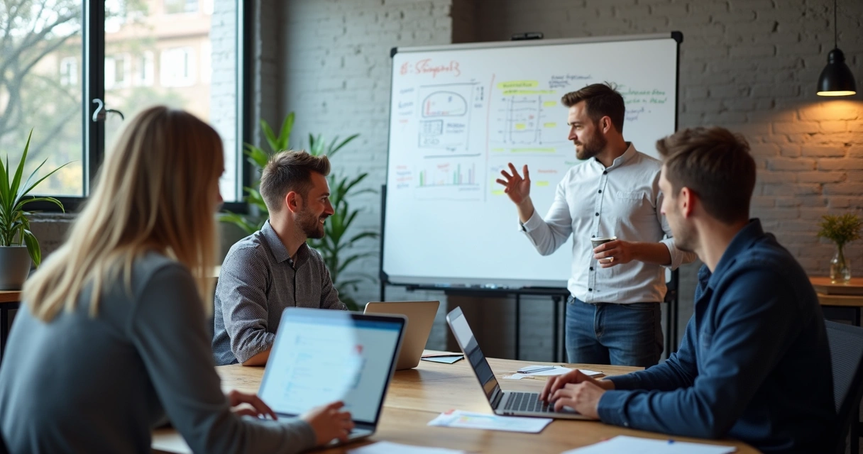 Pequena equipe de startup colaborando em MVP de SaaS, usando quadro branco e laptops 