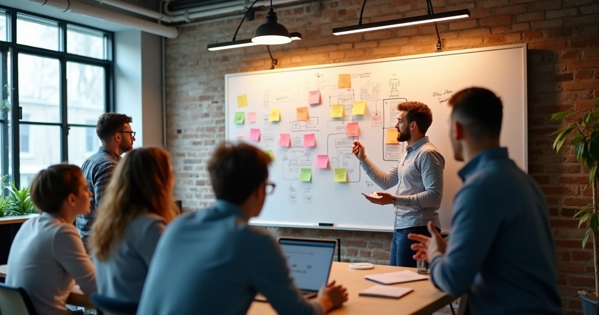 Equipe de startup discutindo um projeto digital usando quadro branco com fluxogramas e post-its 