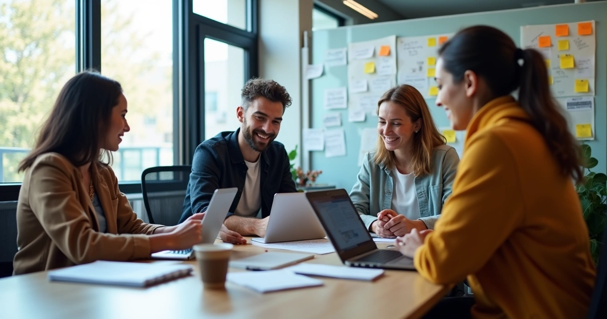 Equipe de startups colaborando em reunião
